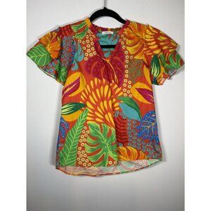 MAUDE VIVANTE Colorful Flutter Sleeve V-Neck Ruffle Floral Blouse Size Small